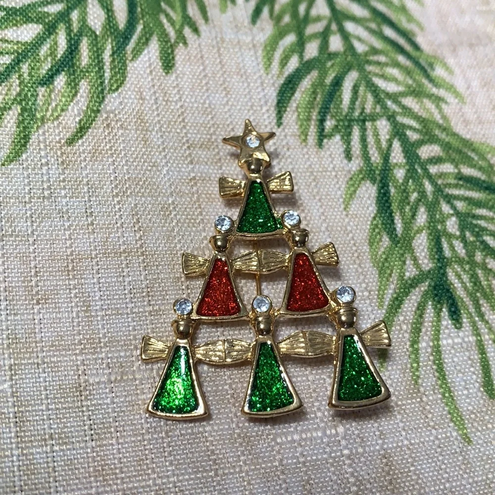 Vtg Angels Christmas Tree Brooch Red Green Enamel Gold Tone Rhinestones
